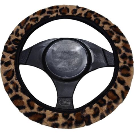 Housse de Volant imprimée léopard pour Femme, universelle, antidérapante, chaude pour l'hiver, housse de volant en peluche pelucheuse, marron, convient aux volants de 14 à 15 pouces (1/4)