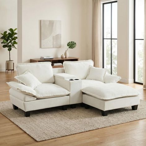 Modulares Ecksofa mit Getränkehalter, Stauraum, USB-Anschluss, 1 Ottoman und 2 Kissen, in Chenille beige (1/5)