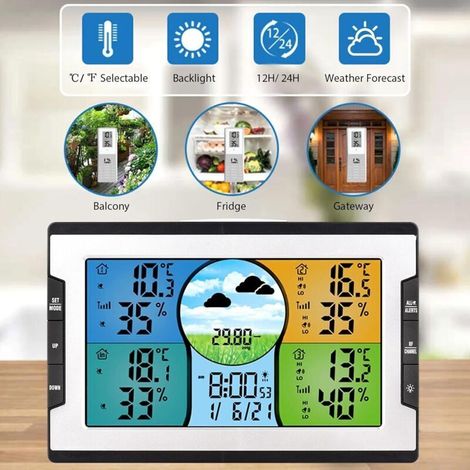 Stazione meteorologica wireless per interni/esterni, termometro e igrometro con 3 sensori, funzione 3 in 1: previsioni del tempo, sveglia e funzione snooze, schermo LCD a colori con luminosità regolab (1/3)