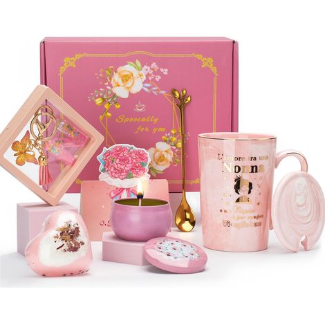 Cadeau grand-mère, cadeau d'anniversaire, grand-mère, idée cadeau – 400 ml tasse en céramique de marbre rose, bougie aromatique, porte-clés lettre N, boule de bain, scoop, carte, coffret cadeau (1/5)