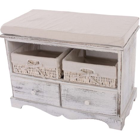 Panca cassettiera shabby vintage 2 ceste legno di paulonia 33x62x42cm bianco