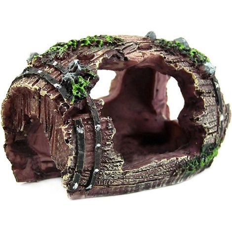 Ornements en résine en forme de grotte en tonneau artificiel pour aquarium brun-- (1/5)