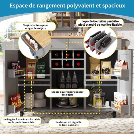 Îlot de cuisine moderne (102×45×92 cm). Meuble de cuisine, meuble à tiroirs. Tablettes pour les plats, avec motif en bois. Table de repas multifonctionnelle, avec espace de rangement. Gris. (1/5)