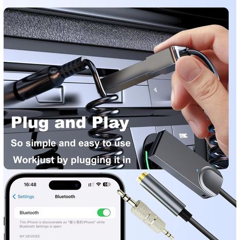 Adaptateur Bluetooth AUX USB – Adaptateur voiture AUX BT 3.5mm – Adaptateur USB Bluetooth à prise 3.5mm avec micro : récepteur sans fil pour musique et appels mains libres. (1/3)