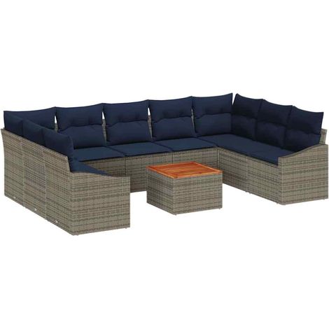 Garden Sofa Set 10 pcs Grey and Navy Blue Poly Rattan vidaXL