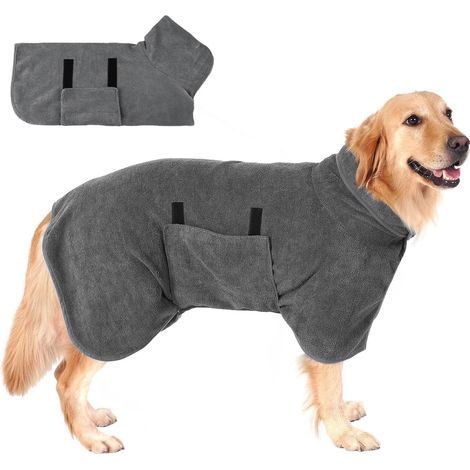 Accappatoio per cani in microfibra, accappatoio per cani con velcro, accappatoio regolabile per cani di taglia grande, media e piccola, grigio, L (1/5)