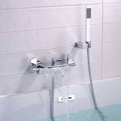 Ensemble de robinet de baignoire mural en cuivre et argent, mitigeur de baignoire cascade, pommeau de douche chaud et froid, 1 pièce (1/5)