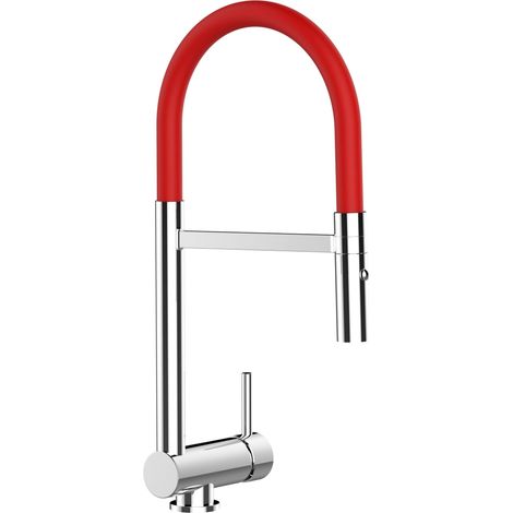 Rubinetto abbattibile miscelatore lavello fontana cucina VIZIO canna abbattibile 6 cm per sottofinestra - canna rossa movibile e doccia due getti staccabile (1/5)