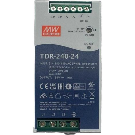 MW MEAN WELL TDR-240-24 Alimentatore DIN RAIL 240W 24V 10A Input 380V Trifase Per Uso Industriale