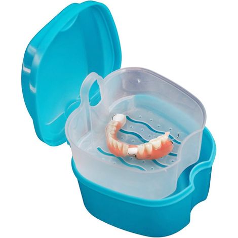 Boîte à dentier avec panier – rangement salle de bain – bleu clair