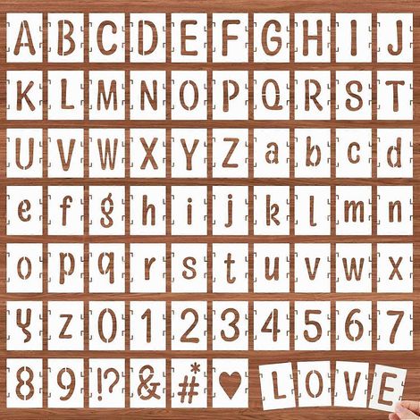 Pochoirs de lettres Mabor de 5 cm pour peinture - 66 pochoirs réutilisables en plastique pour lettres, chiffres et symboles, avec système d'emboîtement - Convient pour le bois (1/4)