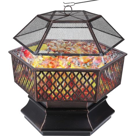 TLGREEN Brasero Exterieur avec Grill, Foyer Extérieur, Brasero de Jardin, Foyer de Chauffage/Barbecue, avec Filet de Protection, Grill au Charbon & Poker, pour Jardin Terrasse Plage - 66 x 66 x 63 cm (1/5)