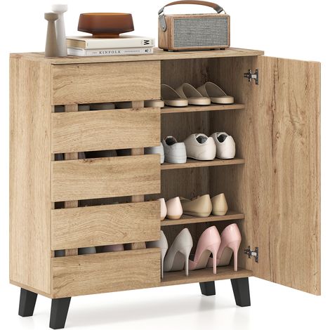 COSTWAY 4 Tier Shoe Cabinet with 2 Doors 80x33x87cm Farmhouse Style Natural (1/5)