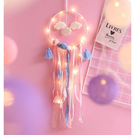 Attrape-rêves avec lumière LED, attrape-rêves fait à la main avec plumes, décoration romantique pour chambre de fille, décoration m (1/5)