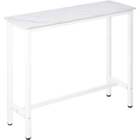Table de bar table haute de cuisine mange-debout 120 x 40 x 100 cm châssis piètement acier, plateau aspect marbre blanc