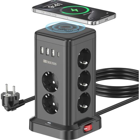 Tour multiprise avec multiprise 11 prises avec 4 ports USB (2 ports USB-C 18 W + 2 ports USB-A) et protection contre les surtensions, câble de 2 m avec interrupteur simple, pour le bureau à domicile (1/5)