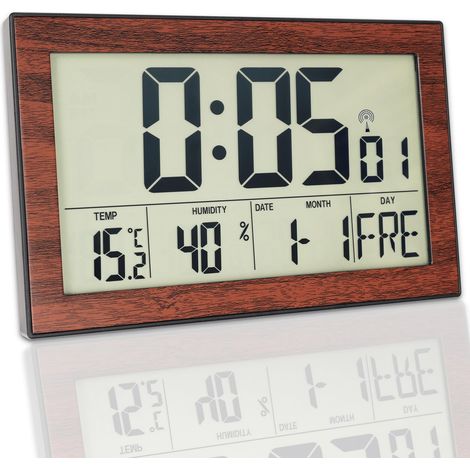 Horloge murale numérique radio-pilotée Affichage température-humidité Plastique grain de bois 20,1 x 12,4 cm (1/5)