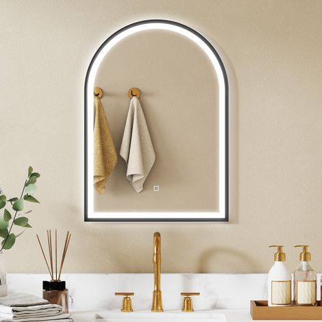 Miroir salle de bain avec éclairage 50 x 70 cm, miroir LED arqué, anti-buée, 3 couleurs lumière, dimmable, mémoire, noir (1/5)