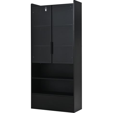 Vitrine noire avec LED, 1 tiroir, portes en verre, 80 x 34 x 180 cm, meuble de rangement haut (1/5)