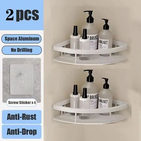 (Triangle blanc, lot de 2) Étagère de salle de bain murale sans perçage pour flacons de shampoing, étagère d'angle pour douche et toilettes, accessoires de salle de bain et de cuisine en aluminium (1/5)
