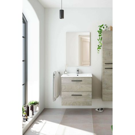 Dmora – Meuble sous vasque 60x45x57 cm – 2 tiroirs – Armoire suspendue avec miroir – Panneau mélaminé résistant aux chocs – Poignées en aluminium noir mat - 60x45h57 (1/4)
