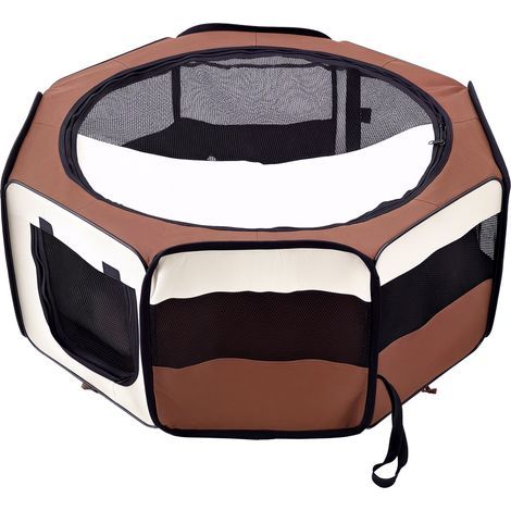 Parque plegable para perros, gatos y pequeños animales, octogonal, de tela Oxford y acero, Ø 90 x 41 cm de altura, marrón beige (1/5)