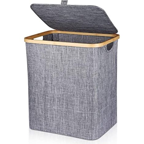 Panier à linge avec couvercle, 60L, pliable, rangement linge et jouets, rectangulaire, gris (1/4)