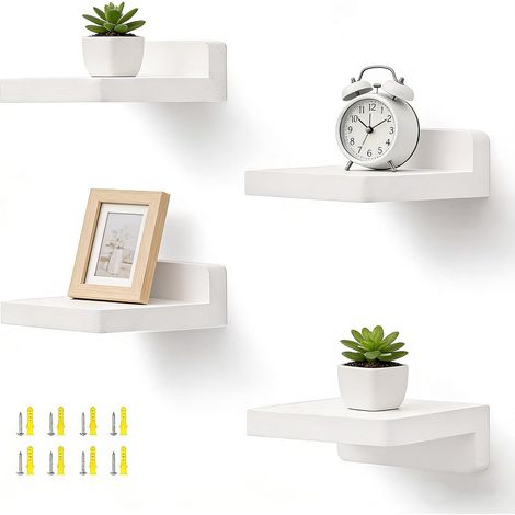 Lot de 4 Étagères Murales Flottantes en Bois, Blanc, 12,7 cm 12,7 × 12,7 × 4 cm, fixation discrète pour plantes, photos et petits objets au salon, chambre, cuisine ou salle de bain (1/5)