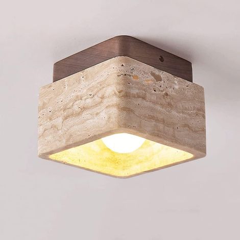 Plafonnier en Travertin Jaune Naturel Carré Noyer Bois Lampe de Plafond Vintage Luminaire au Plafond pour Chambre Salon Cuisine Couloir (1/5)
