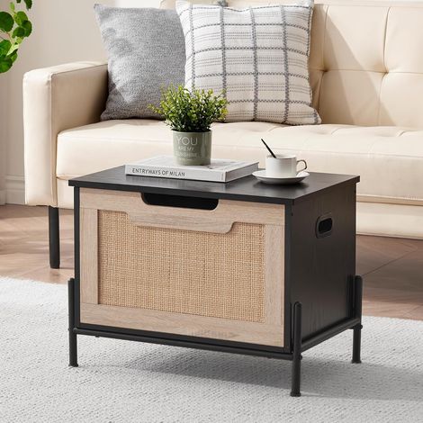 Banc de rangement rotin chêne noir à dessus rabattable avec charnières de sécurité doubles (1/5)