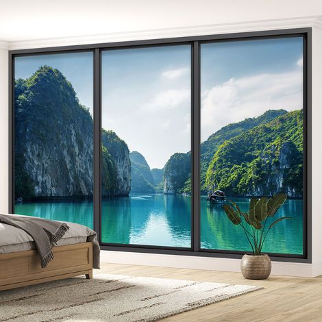 Papier peint panoramique Trompe l'oeil baie vitrée - Vue mer et montagnes - 195 cm x 117 cm (1/5)