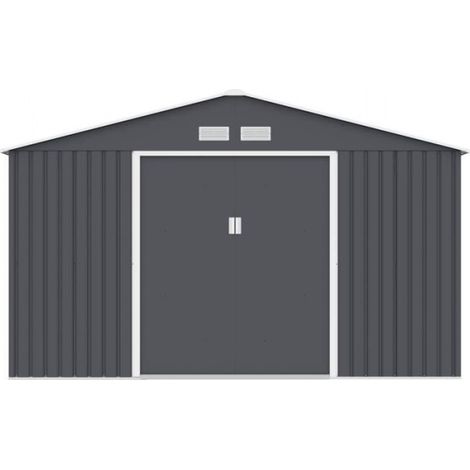Abri de jardin en métal 10,85 m² - 340 x 319 x 210 cm - JUPITER - Kit d'ancrage inclus, 2 portes coulissantes - Gris (1/4)