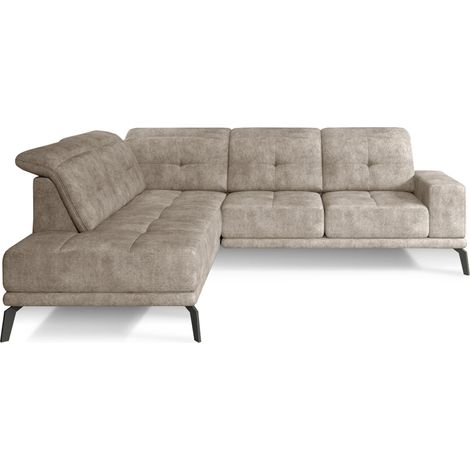 Canapé d'angle gauche vintage matelassé tissu vintage effet cuir beige et pied noir Kazane 275cm (1/5)