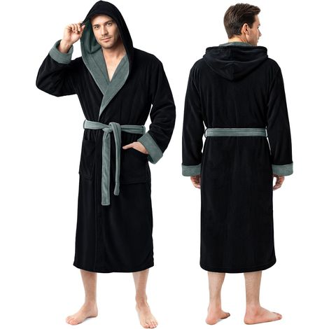 1 Peignoir homme, polaire corail, capuche, ceinture réglable, poches avant, soirée détente (1/5)