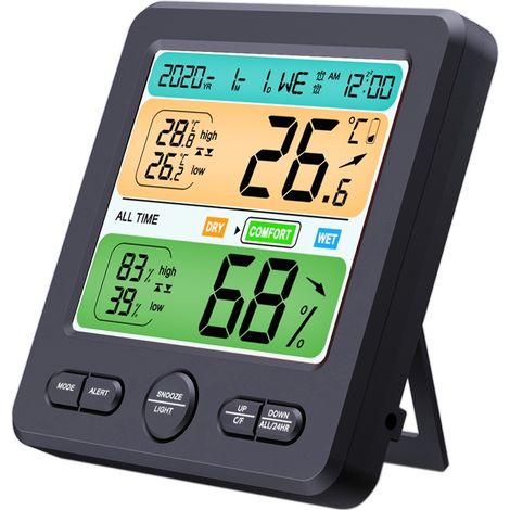Thermo-hygromètre d'intérieur à écran couleur LCD avec alarme et calendrier - TS-6211-B (Noir) (1/5)