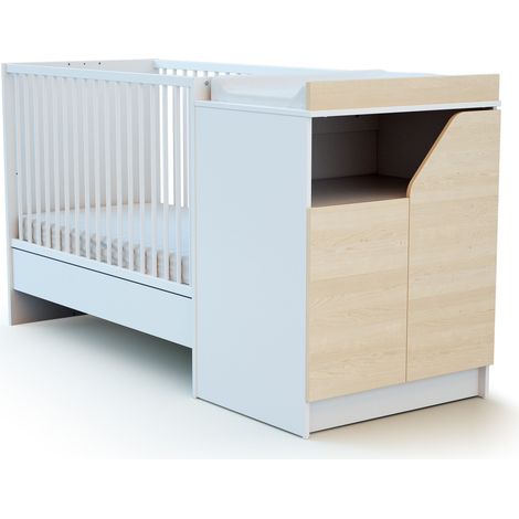 JURABABY - Combiné lit bébé évolutif en bois CARROUSEL Blanc et Hêtre Verni 60 x 120 cm (1/5)