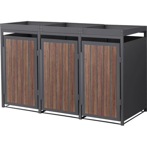 ML-Design Cobertizo para Ocultar 3 Cubos de Basura de 240L Antracita Roble Oscuro 196x80x124cm Caseta de Acero para Jardín, Contenedor Exterior Caja Resistente con Macetero Superior y Puerta Magnética