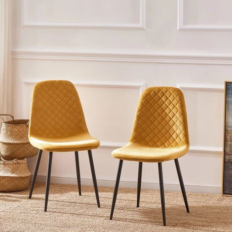 AINPECCA 2X Yellow Dining Chairs Velvet Padded Seat Metal Legs Kitchen Home Office UK
