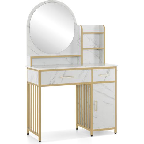 M MCombo Schminktisch mit Spiegel, Frisiertisch Make-up Tisch mit 2 Schubladen, 3 Offene Ablagen, Föhnhalter, Kosmetiktisch aus Holz Metallgestell, Marmor-Weiß Gold, 2501 (1/5)