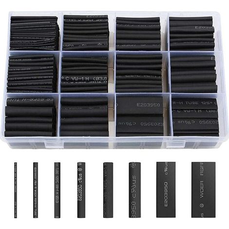 Gaine Thermorétractable 650pcs Tube Thermorétractable Noir 8 Tailles Ratio 2:1 Gaine Thermo Retractable Kit, Noire- (1/5)