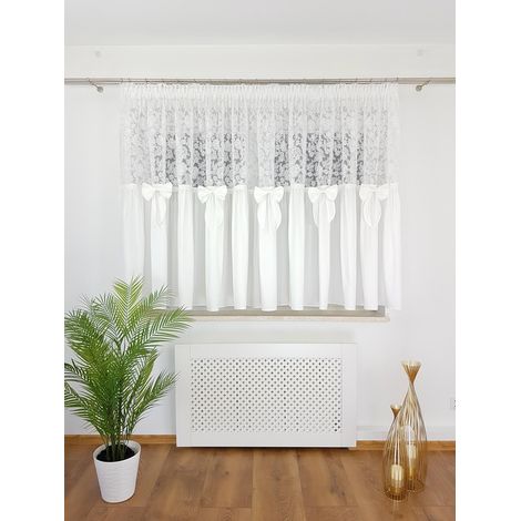 Cortina confeccionada en marquisette de 400x145 cm - Bordado 3D y lazos, cinta fruncidora, color blanco. (1/5)