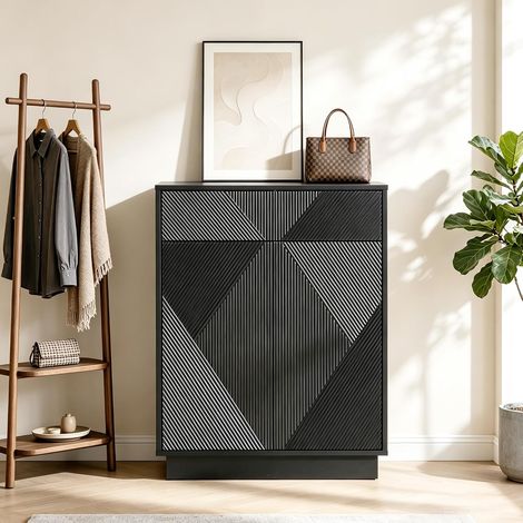 UEV Credenza Cucina con Cassetto e 2 Ante con Motivo Intagliato, Mobiletto Salvaspazio con 3 Ripiani, Mobile Dispensa Cucina Gambe Metallica, 70x36,5x100cm, Nero (1/5)