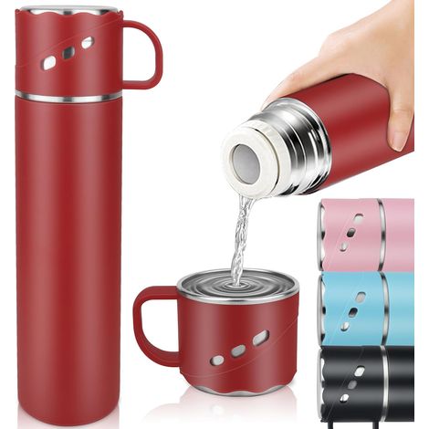 Gourde Isotherme Etanche, Bouteille Isotherme Inox Double Paroi Isolée sous Vide 550ml, Mug Isotherme Sans BPA avec Poignée et Tasse, Gourde Reutilisable pour Sport, Velo, Bureau, Gym, Voyage - Rouge (1/4)