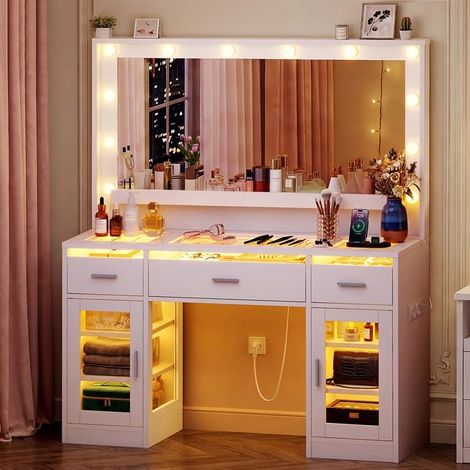 Coiffeuse - TEENFON moderne blanche - Miroir LED 3 couleurs - Plateau en verre - 3 tiroirs & 2 placards (1/5)