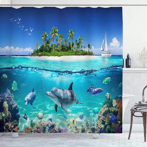 Rideau de Douche Motif Dauphin sous Mer Bleu Anti Moisissure Rideaux Baignoire Ile Poisson Ocean Tropical Imprimé Long Polyester Tissu Imperméable 200x200 cm Lavable Machine avec Anneaux (1/5)