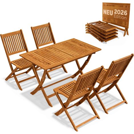 CASARIA® Gartenmöbel Set Modell 2026 – NEU: Extra stabiler Tisch mit umlaufender Verstärkungsleiste 5-teilig aus FSC® Akazienholz, 4 Stühle, klappbar für Garten & Balkon ohne Armlehnen