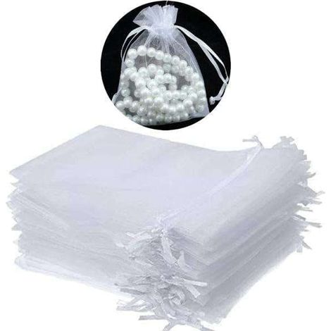 Lot de 100 sachets en organza blanc, 9 x 7 cm, sachets cadeaux cousus main (1/5)