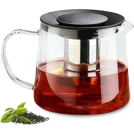 Théière en verre 1500 ml avec passoire, théière en verre borosilicate avec infuseur amovible, passe au lave-vaisselle, idéale pour le thé, le café, les tisanes et les tisanes (noir) (1/5)