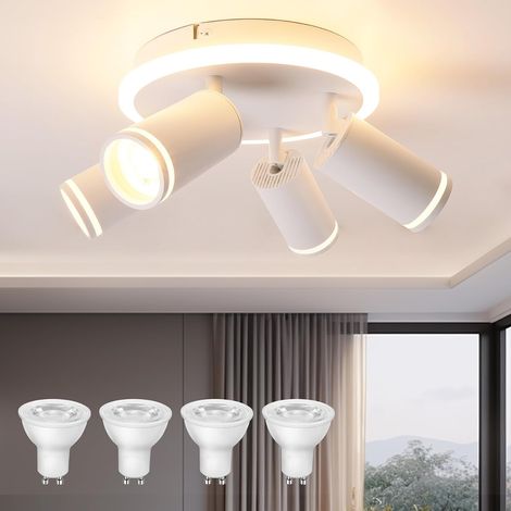 Plafonnier 4 Spot Orientable, Spot de Plafond Blanc Moderne, Luminaire Plafonnier avec Éclairage Inférieur 8W+ 4 x 5W GU10 spot led, Blanc Chaud 3000K, Spot LED Plafond Rond pour Cuisine Salon Chambre (1/5)