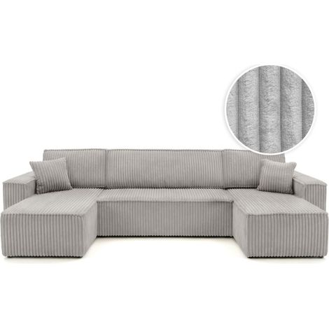 Canapé d'angle panoramique convertible 6 places FARAH en velours cotelé épais - Gris clair